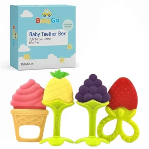 BabyGo Baby Teether Set (4 Pieces) – BPA-Free Silicone Chew Toys for Infants 6–12 Months, Freezer-Safe Gum Soothing Teething Toys for Babies & Toddlers, Safe Soft Oral Development Toys