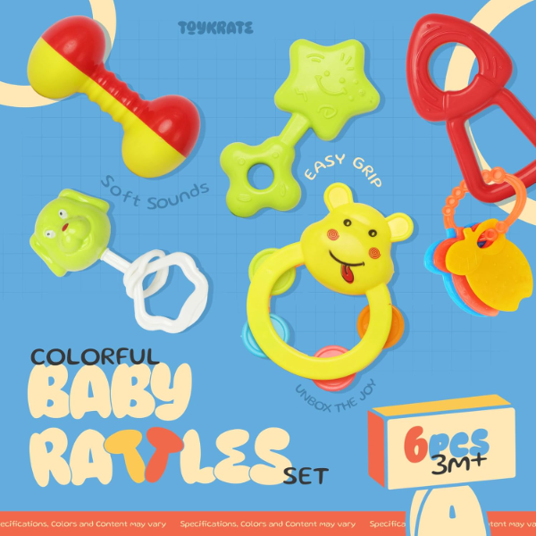 ToyTastic 6-Piece Baby Rattle Set for Newborns 0–12 Months – Colorful BPA-Free Plastic Sensory Toys for Infants – Safe Early Learning Rattles for Baby Boys & Girls – Perfect Baby Shower Gift Set - Image 2