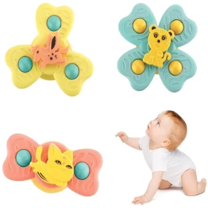 Cable World Baby Suction Spinner Toys (3 Pack) – Animal Design Bath & Sensory Fidget Toys for Kids, Stick-On Window & Car Travel Toys for Infants & Toddlers, Water Play Activity Toys