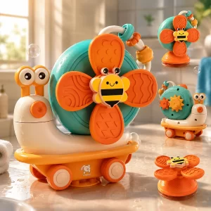 Storio 5-in-1 Baby Suction Spinner Toy Set – Interactive Sensory Learning Toys with Rattle & Spinning Action for Infants 6+ Months, Stick-On Window & Bath Activity Toy (Orange & Cream)
