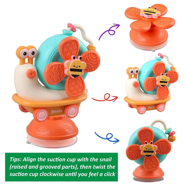 Storio 5-in-1 Baby Suction Spinner Toy Set – Interactive Sensory Learning Toys with Rattle & Spinning Action for Infants 6+ Months, Stick-On Window & Bath Activity Toy (Orange & Cream) - Image 3