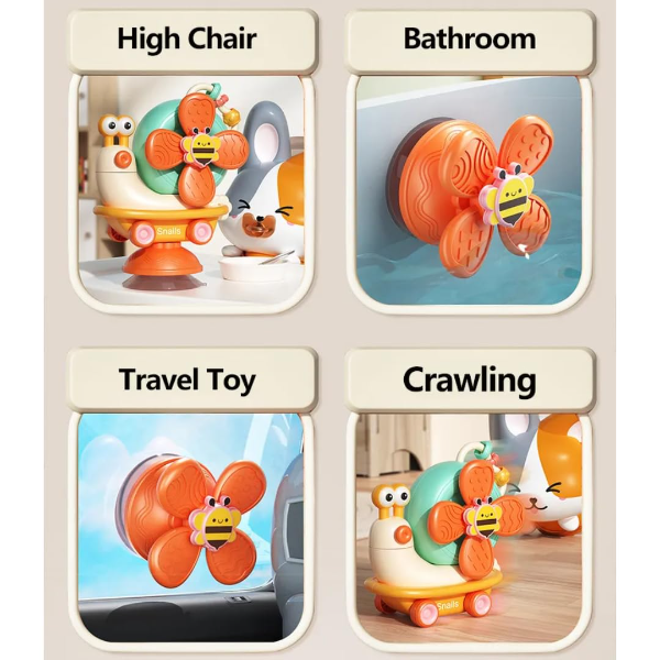 Storio 5-in-1 Baby Suction Spinner Toy Set – Interactive Sensory Learning Toys with Rattle & Spinning Action for Infants 6+ Months, Stick-On Window & Bath Activity Toy (Orange & Cream) - Image 4
