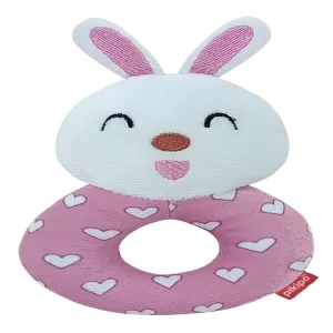 Pikipo Soft Plush Bunny Face Baby Rattle Toy with Easy Grip Round Handle – Pink Sensory Toy for Toddlers | Cute Soothing Early Development Rattle for Infants & Kids
