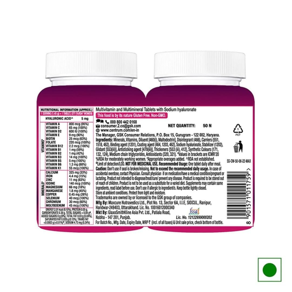 Centrum Women Multivitamin Tablets for Women – 50 Tablets | 23 Essential Nutrients with Zinc, Magnesium, Vitamins B, C & D, Calcium | Supports Energy, Immunity, Bone Health & Skin Radiance | Vegetarian (Pack of -2) - Image 2