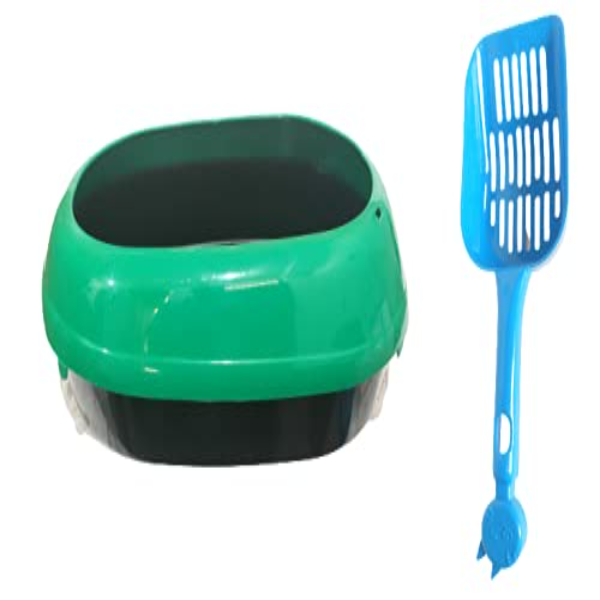 Woofy Semi-Enclosed Pet Litter Tray – Cat, Dog & Rabbit Toilet with Rim and Included Litter Scooper (Green)