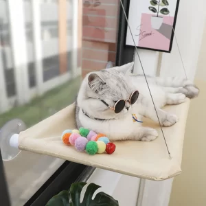 Cat Window Hammock Perch – Sturdy Indoor Cat Bed with Heavy-Duty Suction Cups, Sunny Lounging Spot, Space-Saving Wall-Mounted Hammock (Khaki)