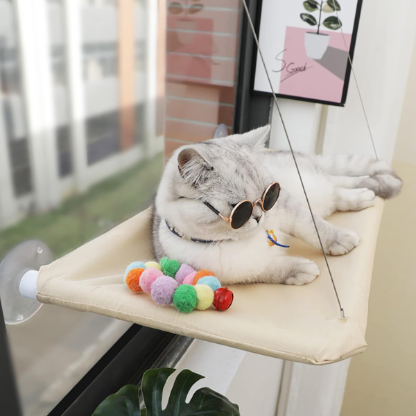 Cat Window Hammock Perch – Sturdy Indoor Cat Bed with Heavy-Duty Suction Cups, Sunny Lounging Spot, Space-Saving Wall-Mounted Hammock (Khaki)