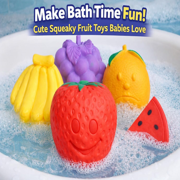 Conquer Baby Bath Toys Set of 5 – Cute Fruit Squeeze & Squeaky Floating Bath Toys for Toddlers & Infants, BPA-Free Non-Toxic Rubber Water Toys for Fun & Safe Bath Time Play - Image 2