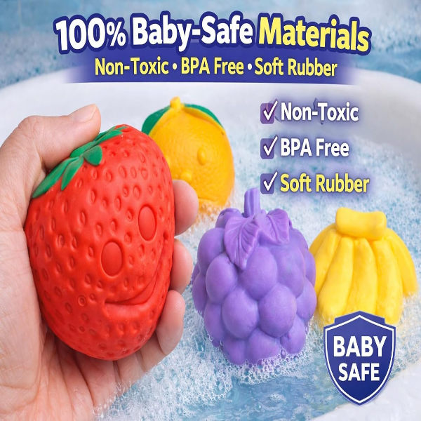 Conquer Baby Bath Toys Set of 5 – Cute Fruit Squeeze & Squeaky Floating Bath Toys for Toddlers & Infants, BPA-Free Non-Toxic Rubber Water Toys for Fun & Safe Bath Time Play - Image 3