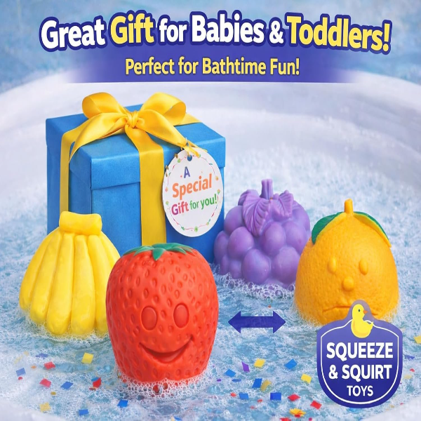 Conquer Baby Bath Toys Set of 5 – Cute Fruit Squeeze & Squeaky Floating Bath Toys for Toddlers & Infants, BPA-Free Non-Toxic Rubber Water Toys for Fun & Safe Bath Time Play - Image 4