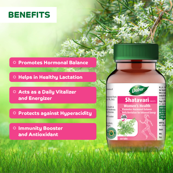 Dabur Shatavari Tablets for Women – 60 Tablets | Hormonal Balance & Women’s Wellness Supplement for Reproductive Health & Vitality (Pack of-2) - Image 3