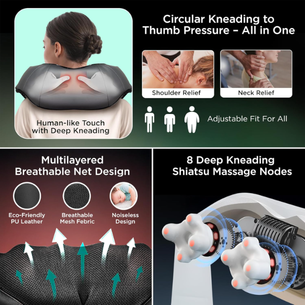 Dr Physio USA 1013 Electric Shiatsu Neck & Back Massager with Heat – Deep Tissue Massage Machine for Cervical, Neck, Shoulder & Back Pain Relief | Relaxation & Muscle Recovery - Image 2