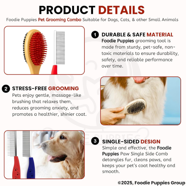 Foodie Puppies 2-in-1 Pet Grooming Tool – Professional Deshedding & Dematting Comb with Soft Brush for Dogs, Cats & Puppies (Small Paw Design) - Image 3