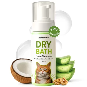 Petroyale Waterless Cat Shampoo Foam – Dry Bath Shampoo for Cats with Tick & Flea Relief, Anti-Itch Formula, Detangling No-Rinse Pet Grooming Foam | 150ml