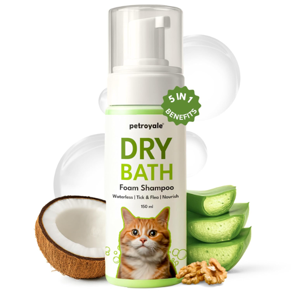 Petroyale Waterless Cat Shampoo Foam – Dry Bath Shampoo for Cats with Tick & Flea Relief, Anti-Itch Formula, Detangling No-Rinse Pet Grooming Foam | 150ml