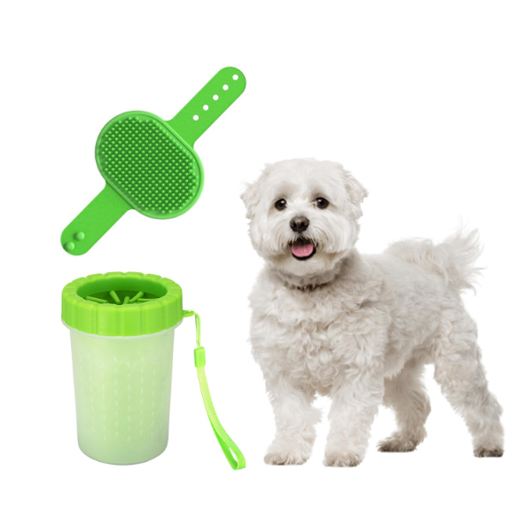2-in-1 Portable Dog & Cat Paw Cleaner & Grooming Kit – Soft Silicone Paw Washer Cup with Grooming Glove Brush for Mud Removal, Bathing & Daily Pet Care | Safe & Gentle Cleaning Tools