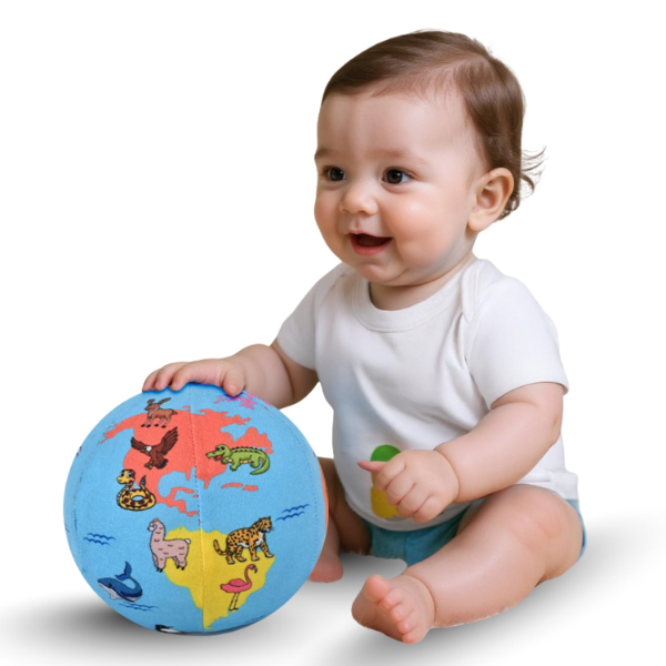 Seraphina Soft Sensory Plush Ball for Babies – Rattle Baby Toy with World Map & Animal Designs, Educational Globe Learning Ball for Infants & Toddlers, Early Development Activity Toy, Newborn Gift