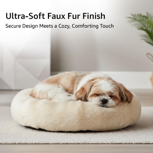 Konica Basics Faux Fur Donut Pet Bed for Cats & Small Dogs – Cozy Round Calming Bed, Reversible & Washable Plush Sleeping Mat, Beige, Small (50 x 50 x 12 cm) - Image 2