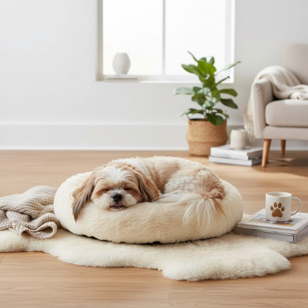 Konica Basics Faux Fur Donut Pet Bed for Cats & Small Dogs – Cozy Round Calming Bed, Reversible & Washable Plush Sleeping Mat, Beige, Small (50 x 50 x 12 cm) - Image 4
