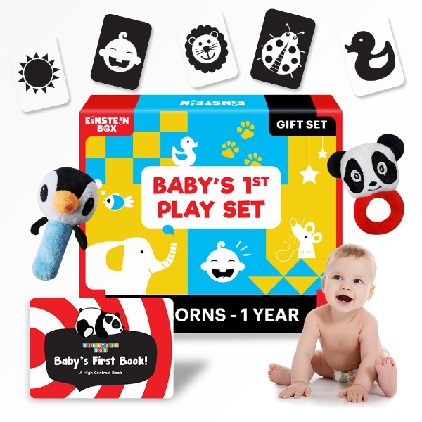 Newborn Baby Gift Set (0-12 Months) – High Contrast Flash Cards, Sensory Book, Baby Rattles & Developmental Toys for Visual Stimulation, Early Learning & Infant Sensory Development