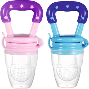 Baby Silicone Fruit Feeder Pacifier Set of 2 – BPA-Free Food Nibbler & Teething Toy for Infants 6–12 Months | Textured Gum Soothing Baby Feeder (Blue & Pink) for Safe Self-Feeding