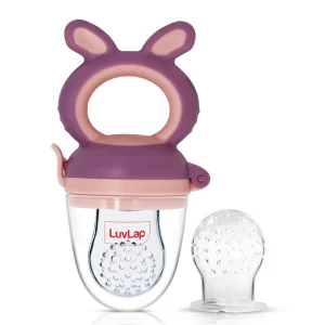 LuvLap Silicone Baby Food & Fruit Nibbler with Extra Mesh – Soft BPA-Free Pacifier Feeder & Teether for Infants, Safe Silicone Baby Fruit Feeder for Teething Relief (Bunny Design, Violet & Pink)