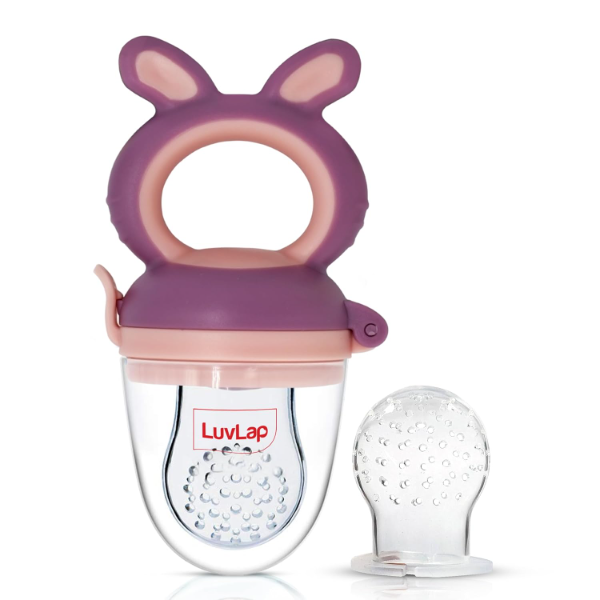 LuvLap Silicone Baby Food & Fruit Nibbler with Extra Mesh – Soft BPA-Free Pacifier Feeder & Teether for Infants, Safe Silicone Baby Fruit Feeder for Teething Relief (Bunny Design, Violet & Pink)
