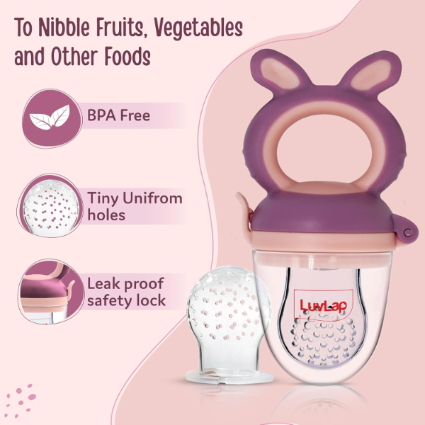 LuvLap Silicone Baby Food & Fruit Nibbler with Extra Mesh – Soft BPA-Free Pacifier Feeder & Teether for Infants, Safe Silicone Baby Fruit Feeder for Teething Relief (Bunny Design, Violet & Pink) - Image 2