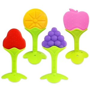 GLUN® Baby Teething Toys Set of 4 – BPA-Free Silicone Fruit Teethers for Infants 5-12 Months, Soft & Safe Gum Soothing Relief, Easy-Grip Sensory Teething Toys for Babies