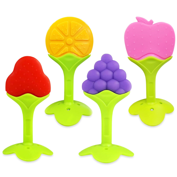 GLUN® Baby Teething Toys Set of 4 – BPA-Free Silicone Fruit Teethers for Infants 5-12 Months, Soft & Safe Gum Soothing Relief, Easy-Grip Sensory Teething Toys for Babies