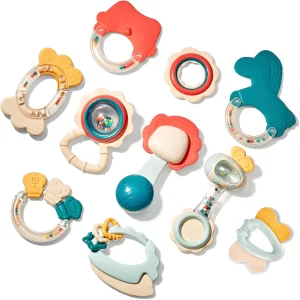 Cable World 10-Piece Baby Rattle & Teething Toy Set – Safe Food-Grade Infant Toys for Newborns, Montessori Sensory Grasping & Shaker Toys, Developmental Teethers for Babies 3-12 Months, Perfect Baby Gift