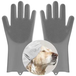 Pet Grooming Gloves & Bath Brush – Dog, Cat & Horse Deshedding Hair Removal Tool – Soft Rubber Massage Mitt (Gray)