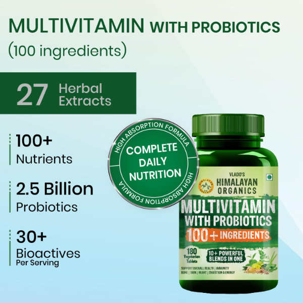 Himalayan Organics Multivitamin for Men & Women with Probiotics | 100+ Ingredients Including Vitamins B1–B12, C, D & E, Zinc, Iron & Calcium | 27+ Herbal Extracts | Supports Energy, Immunity, Stamina, Bone, Skin & Hair Health | Daily Multivitamin Tablets | 180 Count