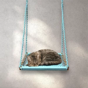 Handcrafted Macrame Cat Hammock Swing – Comfortable Hanging Pet Bed, Wall-Mounted Cat Furniture (Rectangle, Aqua Blue, Medium)