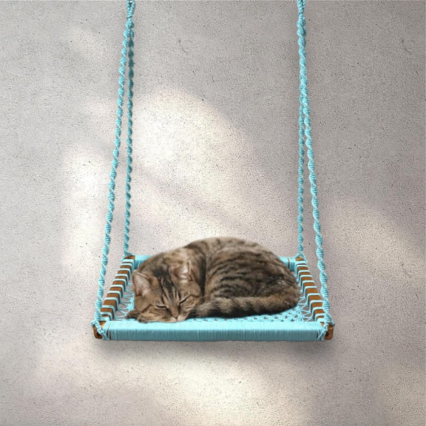 Handcrafted Macrame Cat Hammock Swing – Comfortable Hanging Pet Bed, Wall-Mounted Cat Furniture (Rectangle, Aqua Blue, Medium)