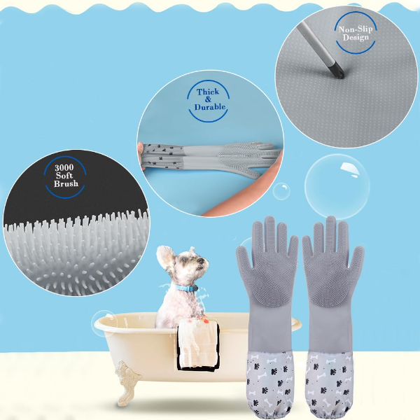 Pet Grooming Gloves for Dogs & Cats | Silicone Hair Remover & Bathing Gloves with High-Density Bristles | Heat-Resistant Deshedding & Cleaning Mitts for Pets – 1 Pair (Grey) - Image 3