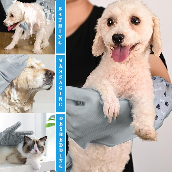 Pet Grooming Gloves for Dogs & Cats | Silicone Hair Remover & Bathing Gloves with High-Density Bristles | Heat-Resistant Deshedding & Cleaning Mitts for Pets – 1 Pair (Grey) - Image 4