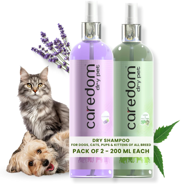 Dry Pet Shampoo Pack of 2 – 200ml Each, Lavender & Neem Tea Tree, Calming Antibacterial Waterless Grooming for Dogs & Cats, Odor Control, No-Rinse Herbal Cleanser for Puppies & Kittens