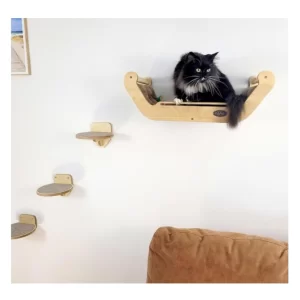 KALAHARI Wall-Mounted Wooden Cat Bed with Soft Cushion & 3 Climbing Steps – Space-Saving Modern Cat Hammock Shelf for Indoor Living Rooms, Natural Birch Lounge Platform