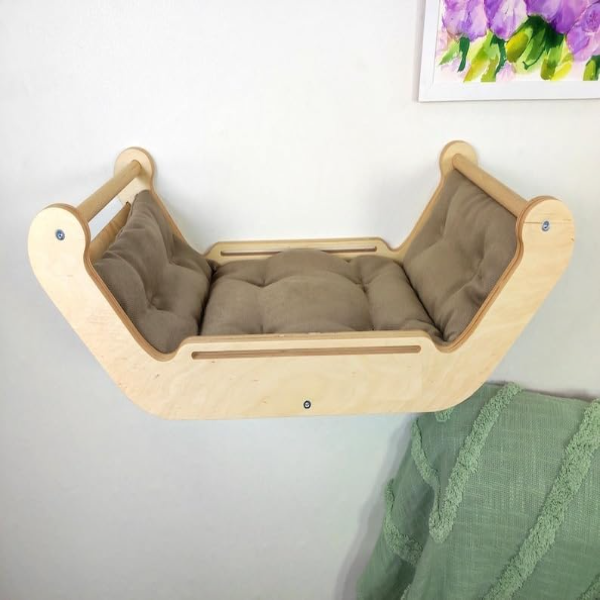 KALAHARI Wall-Mounted Wooden Cat Bed with Soft Cushion & 3 Climbing Steps – Space-Saving Modern Cat Hammock Shelf for Indoor Living Rooms, Natural Birch Lounge Platform - Image 2