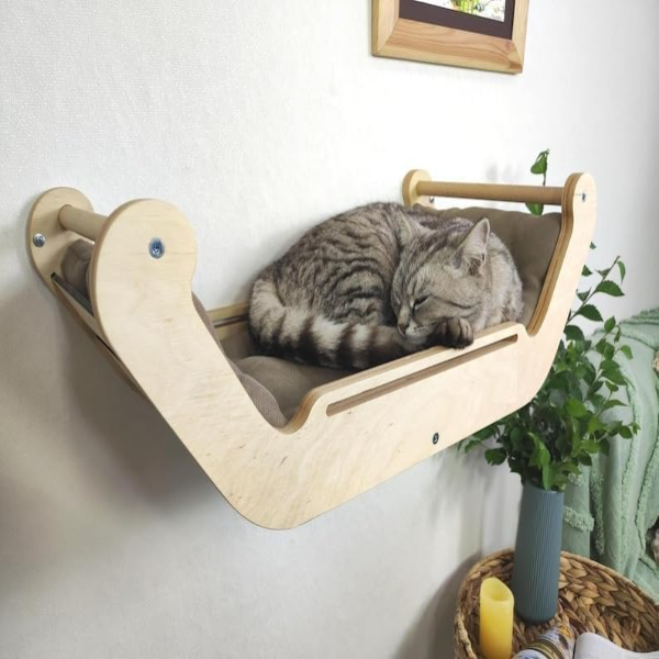 KALAHARI Wall-Mounted Wooden Cat Bed with Soft Cushion & 3 Climbing Steps – Space-Saving Modern Cat Hammock Shelf for Indoor Living Rooms, Natural Birch Lounge Platform - Image 4