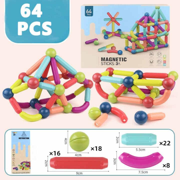 Sky Tech® Magnetic Building Sticks & Balls Set (64 Pcs) | STEM Educational Construction Toy for Kids Ages 3+ | Creative Magnet Blocks for Boys & Girls Ages 3–14 | Learning & Brain Development Toy Gift - Image 2