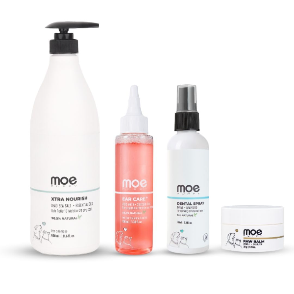 Moe Puppy 6-Month Pet Grooming Kit for Dogs & Cats | Nourishing Shampoo, Dental Spray, Ear Cleaner & Paw Balm