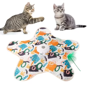 Qpets® Interactive Cat Toy – Motorized Rotating Feather & Butterfly Teaser with Hideaway Plush Cave, Cozy Flower Mat, and Pom-Pom Tails for Indoor Cats