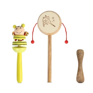 Wooden Baby Rattle & Teether Toy Set of 3 – Natural Handcrafted Sensory Toys for Newborns, Non-Toxic Musical Learning Toys for Infants 0–24 Months, Baby Development Gift Set