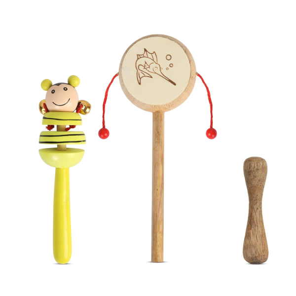 Wooden Baby Rattle & Teether Toy Set of 3 – Natural Handcrafted Sensory Toys for Newborns, Non-Toxic Musical Learning Toys for Infants 0–24 Months, Baby Development Gift Set
