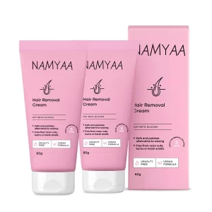 Namyaa Hair Removal Cream for Intimate Skin for Women with Free Vitamin C Serum, Gentle Painless Depilatory Cream – 60g Pack of 2, Smooth Hair Removal for Sensitive Areas
