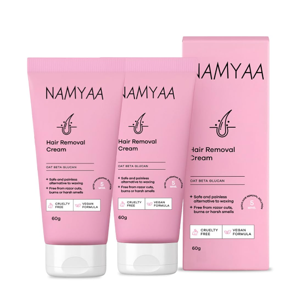 Namyaa Hair Removal Cream for Intimate Skin for Women with Free Vitamin C Serum, Gentle Painless Depilatory Cream – 60g Pack of 2, Smooth Hair Removal for Sensitive Areas