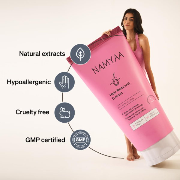 Namyaa Hair Removal Cream for Intimate Skin for Women with Free Vitamin C Serum, Gentle Painless Depilatory Cream – 60g Pack of 2, Smooth Hair Removal for Sensitive Areas - Image 4