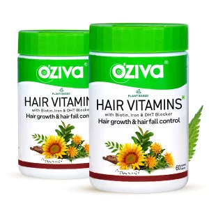 OZiva Hair Vitamins for Hair Growth & Hair Fall Control | Natural Biotin, Iron, DHT Blocker & Vitamin E Supplement for Women & Men | Clinically Proven Hair Growth Capsules | 60 Veg Capsules
 (Pack of -2)